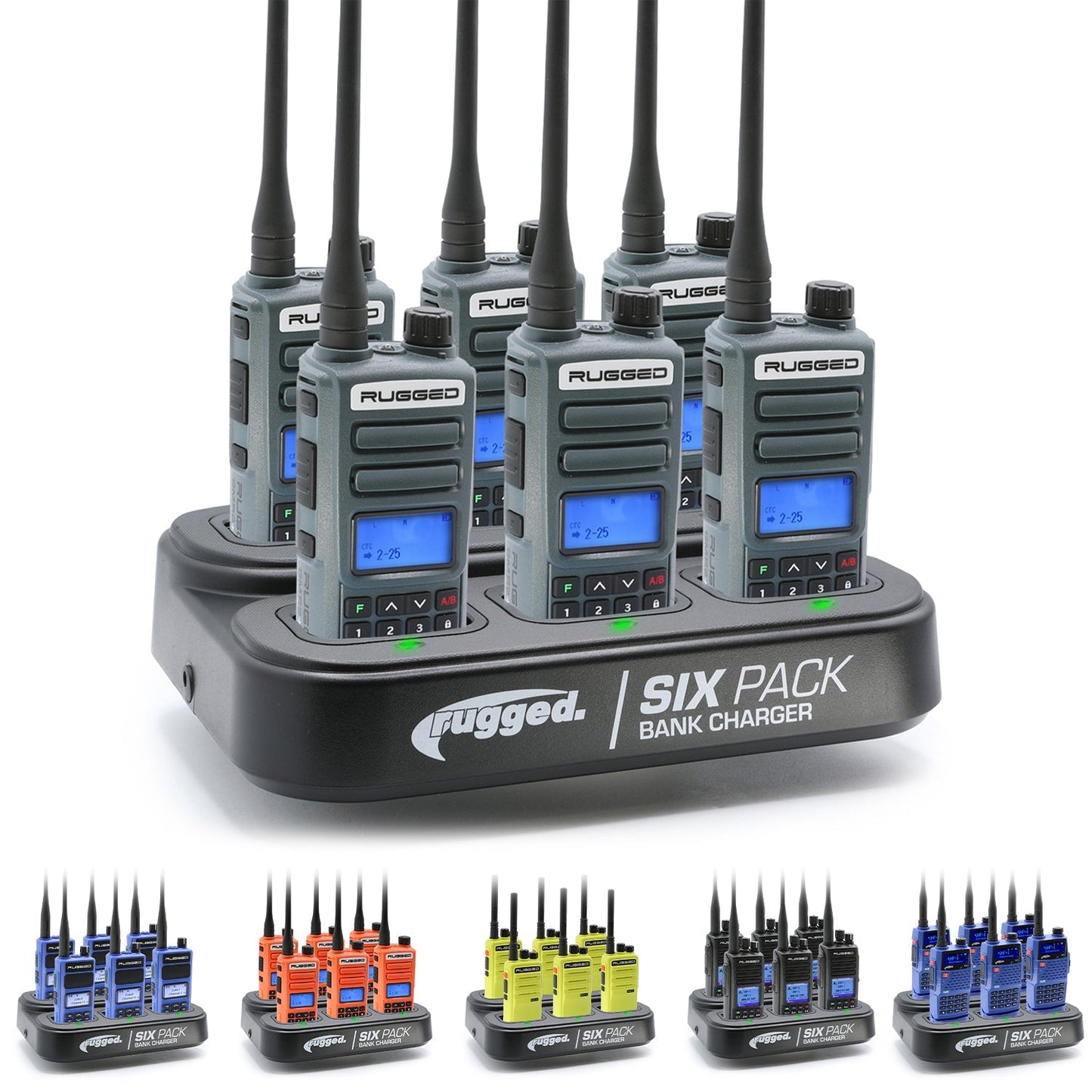 Handheld Radio and 6-Pack Bank Charger Bundle